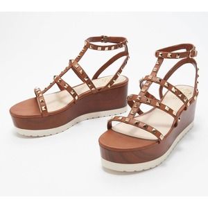 New Vince Camuto Womens Pemolie Studded Platform Wedge Sandals Brown Size 9